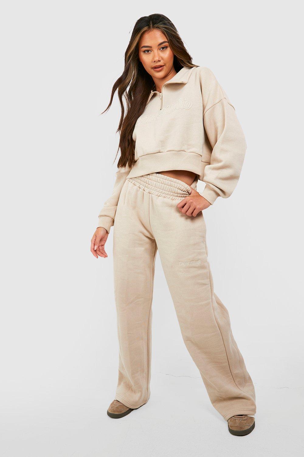 Womens Dsgn Studio Embroidered Half Zip Straight Leg Tracksuit - Beige - M, Beige